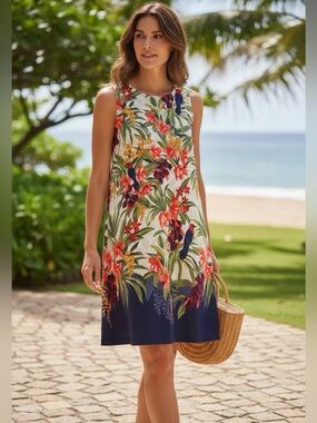 Tommy Bahama Tropical Floral Parrot Shift Dress Size S Tencel Modal